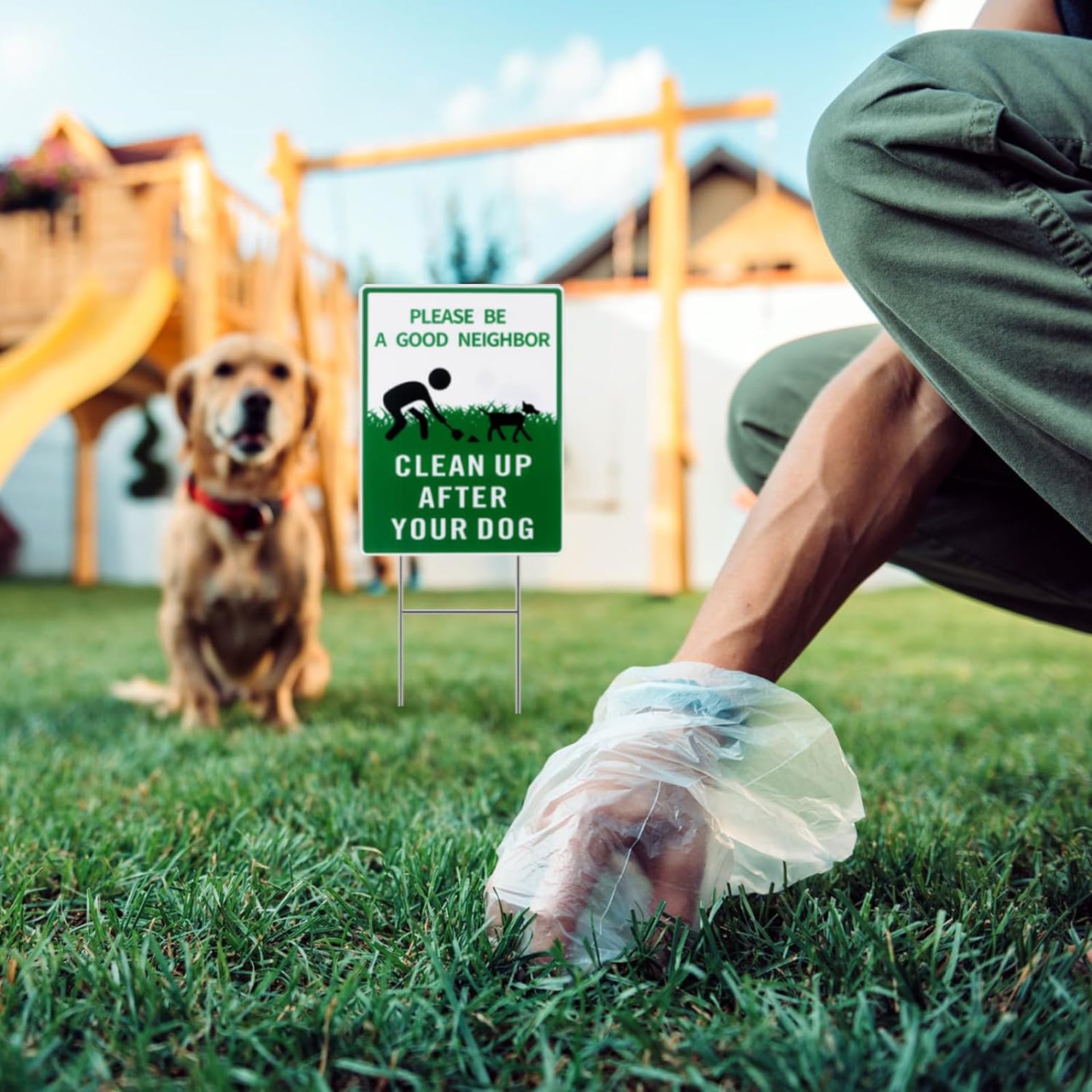 Eyoloty Clean Up After Your Dog Sign with Metal Stake,13"X10" Double Sided Dog Poop Signs for Yard,Please Be a Good Neighbor,Pick Up After Your Dog Sign,Waterproof,Fade Resistant,Easy Install (3 Pack)