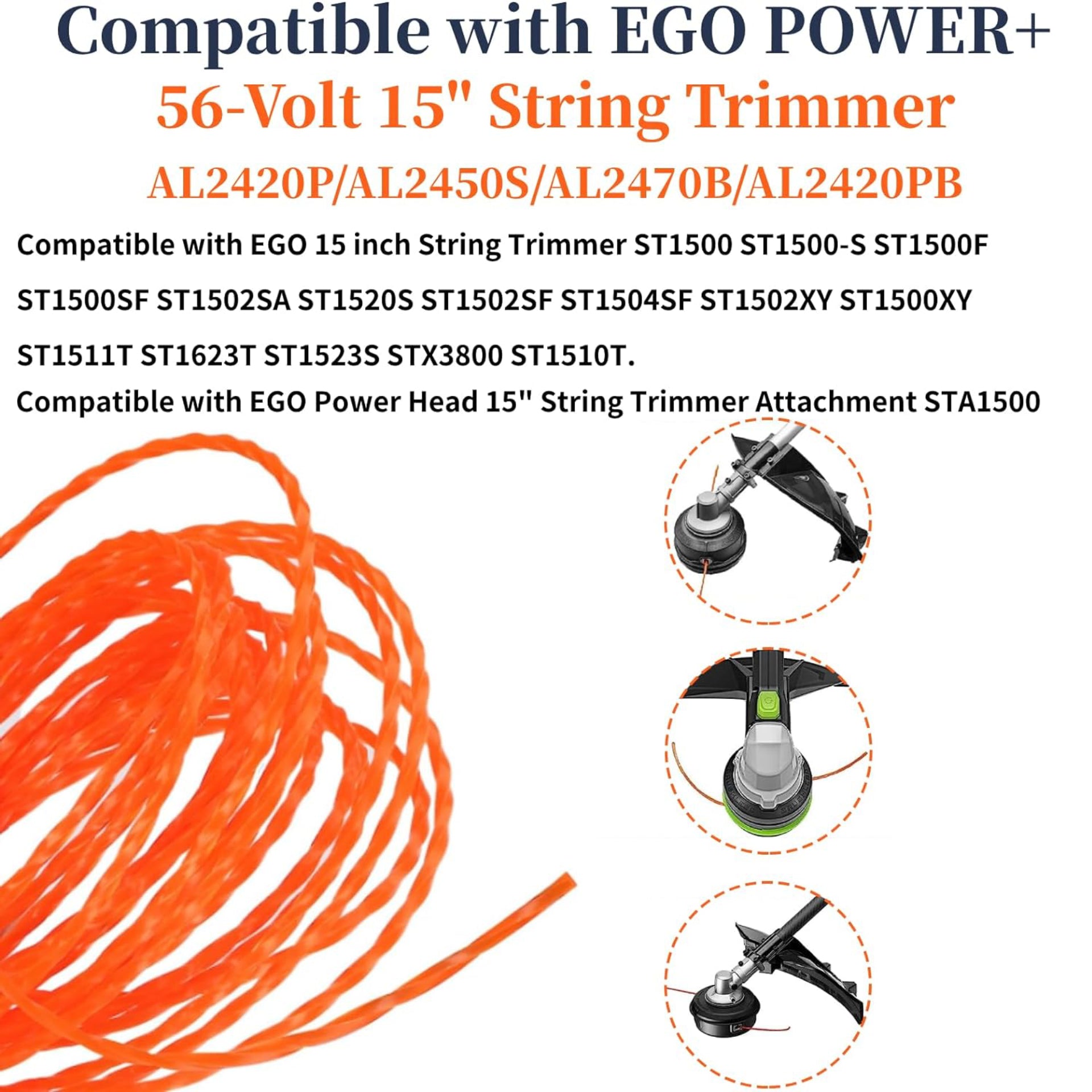 Eyoloty AL2420P AL2450S AL2470B AL2420PB 0.095" 183Ft Trimmer Line Compatible with EGO 56-Volt 15" ST1500 ST1500-S ST1500F ST1500SF STA1500 Trimmer & Multi-Head String Trimmer Attachment (12 Pack)