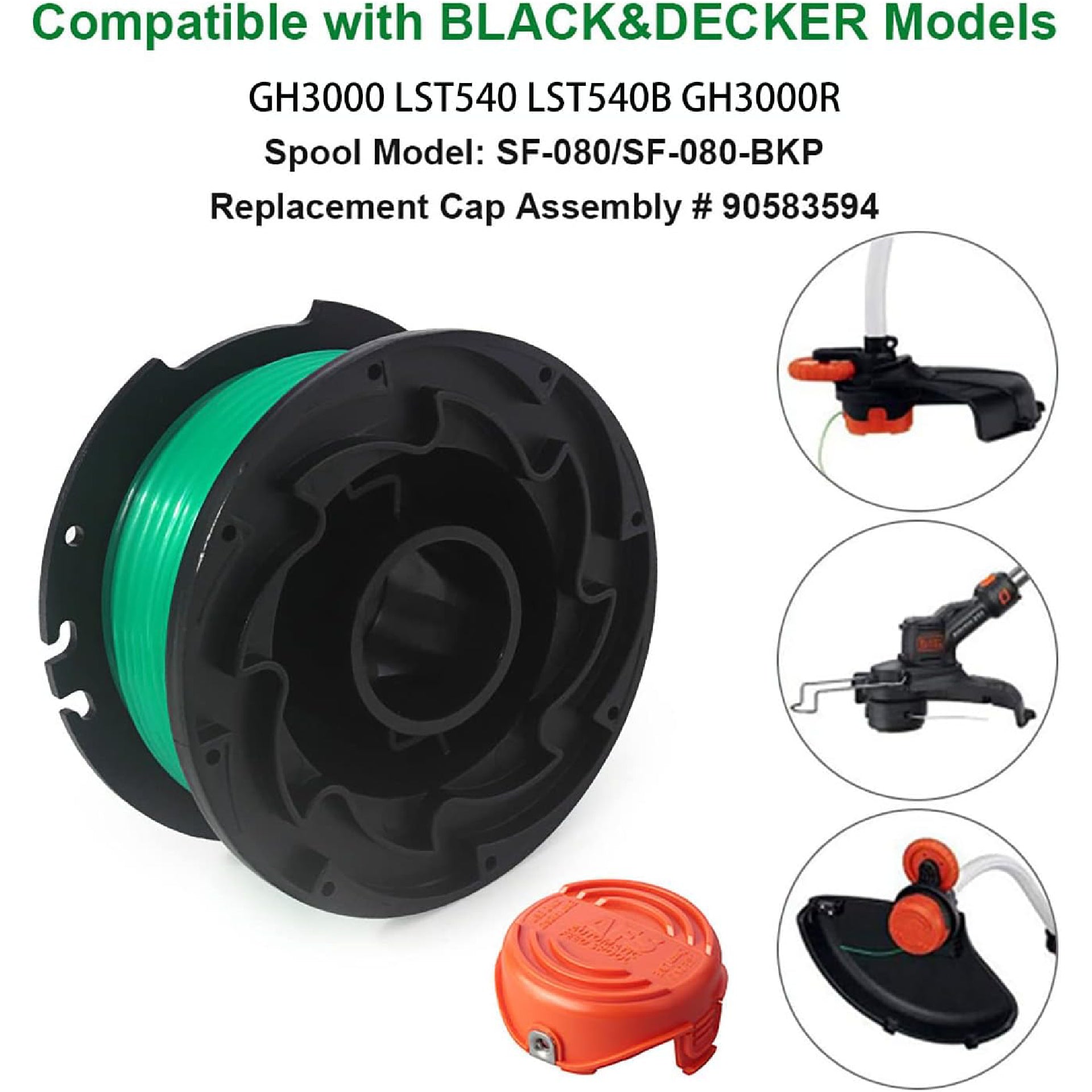 Eyoloty SF-080 Trimmer Replacement Spools Compatible with Black Decker SF-080-BKP GH3000 GH3000R LST540 LST540B Weed Eater 20ft 0.080" Edger Refills with 90583594 Cover Cap (4 Spool, 1 Cap)