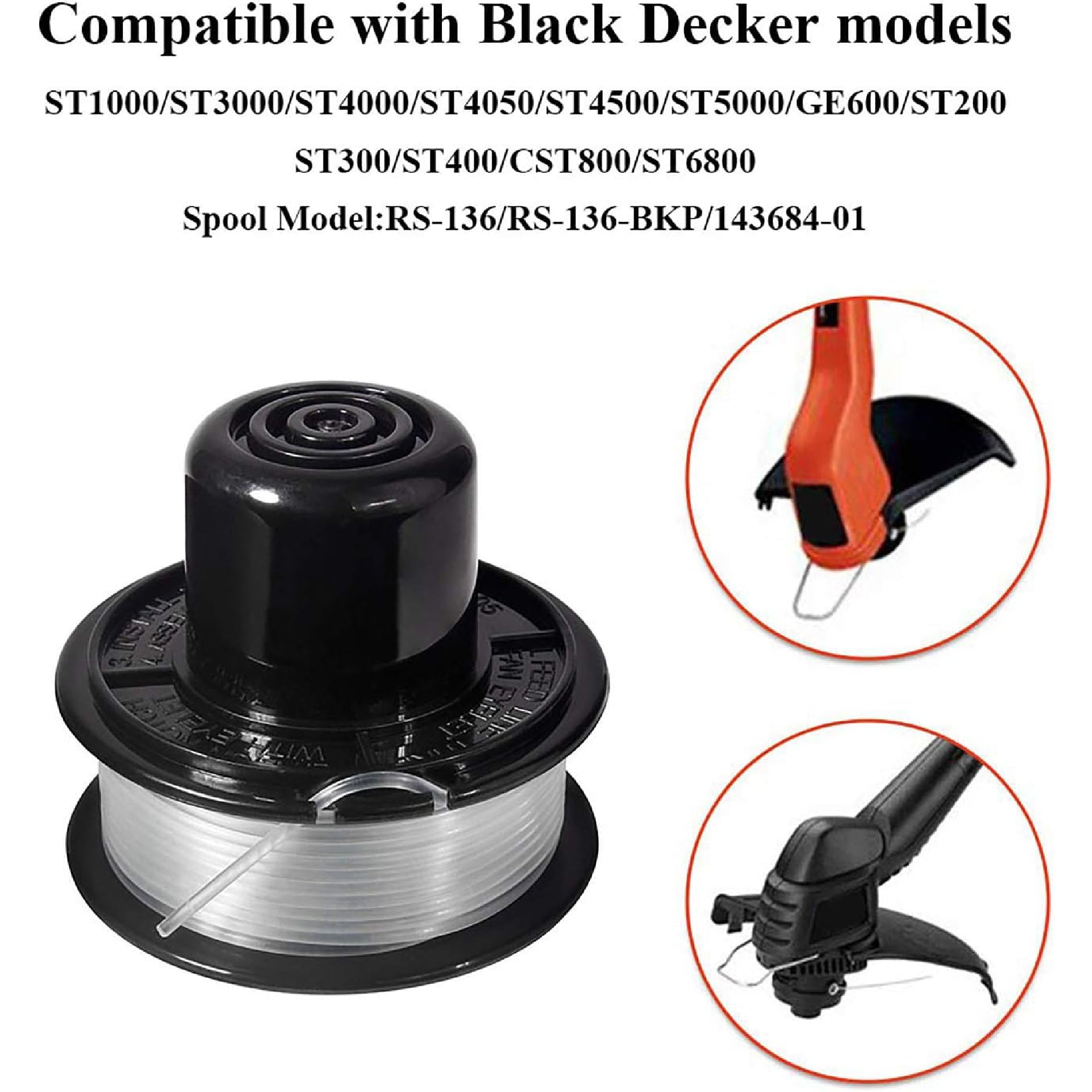 Eyoloty RS-136 Trimmer Spools Line 20ft 0.065" Compatible with Black Decker ST4500 ST1000 ST4000 GE600 CST800 ST6800 String Trimmer,Weed Eater Replacement Line Auto-Feed Spool with 682378-02 Cap