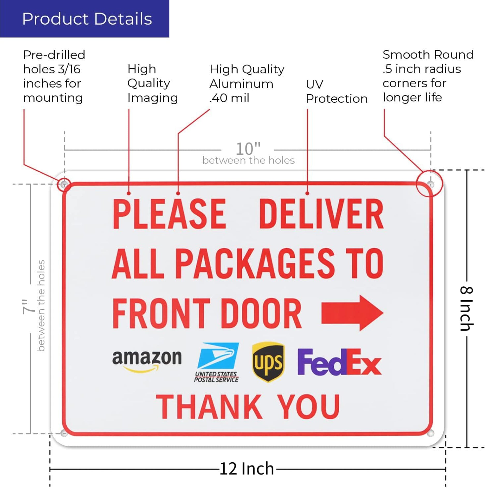 Eyoloty Package Delivery Sign Instructions,Delivery Amazon UPS FedEx Packages to Front Door,12" x 8" Aluminum Package Signs,Easy Mounting,Fade Resistance,Indoor/Outdoor Use(2 Pack)