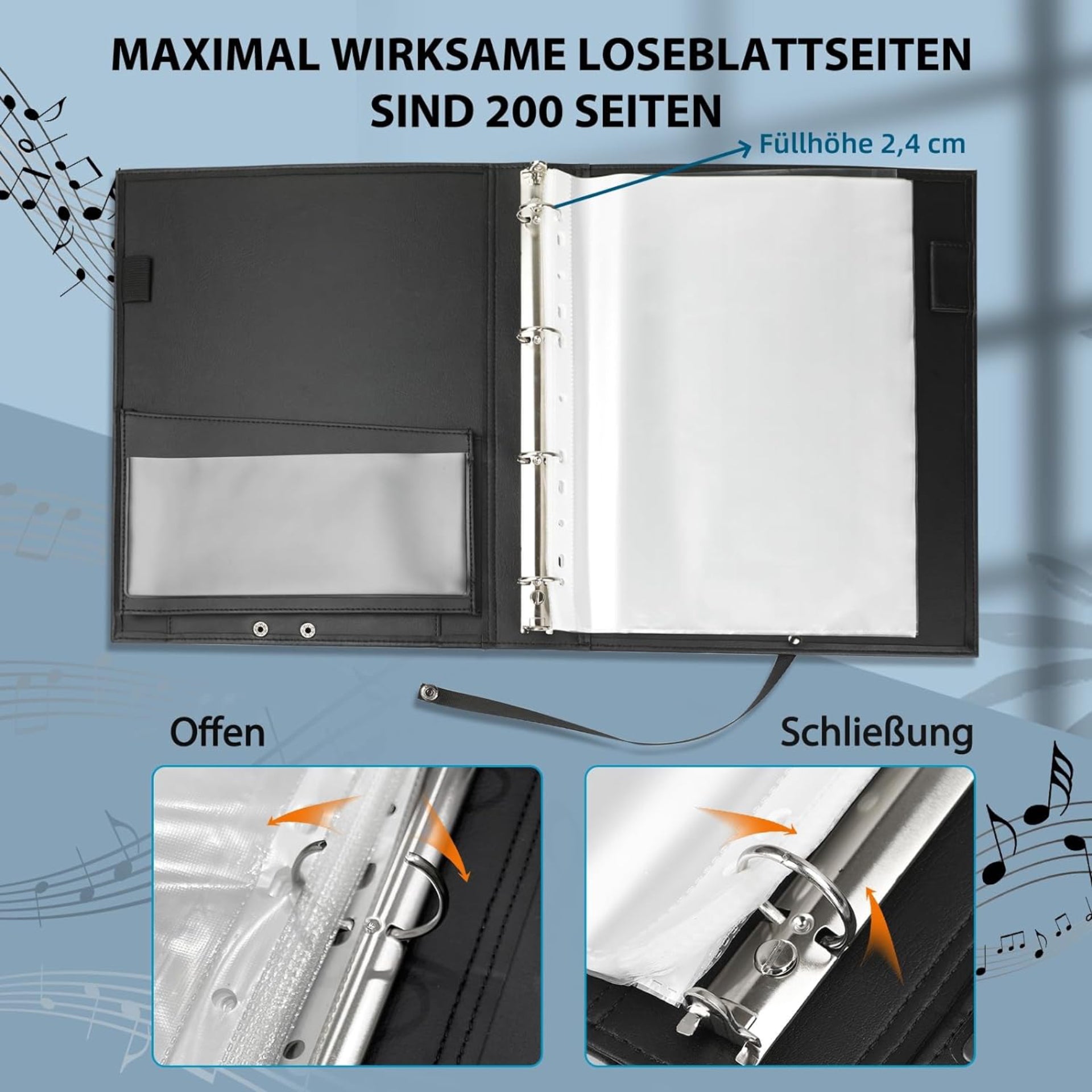 Eyoloty Notenmappe Chormappe Gesangsmappe für Notenblätter bis DIN A4,Kunstleder mit Handgurt und 24 Seite Taschen Clef, Für Notenblätter Instrumentalist Musiker - Füllmenge max. 200 Blatt
