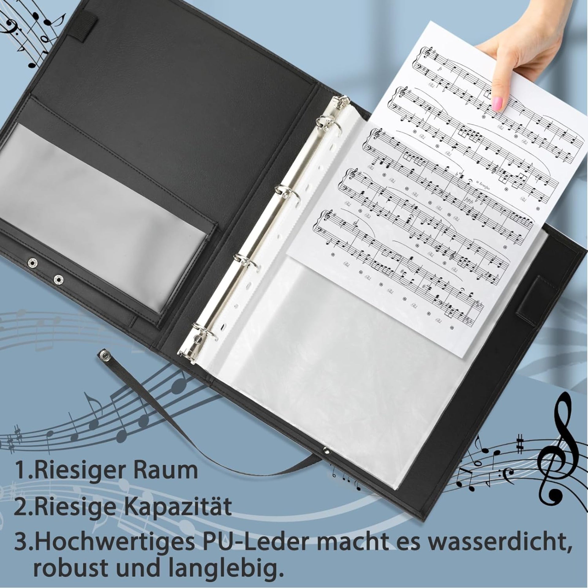 Eyoloty Notenmappe Chormappe Gesangsmappe für Notenblätter bis DIN A4,Kunstleder mit Handgurt und 24 Seite Taschen Clef, Für Notenblätter Instrumentalist Musiker - Füllmenge max. 200 Blatt
