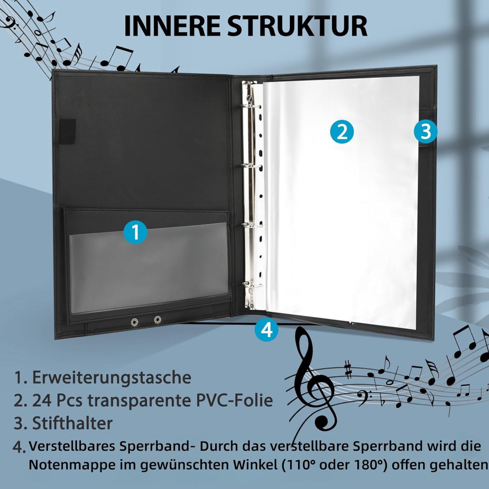 Eyoloty Notenmappe Chormappe Gesangsmappe für Notenblätter bis DIN A4,Kunstleder mit Handgurt und 24 Seite Taschen Clef, Für Notenblätter Instrumentalist Musiker - Füllmenge max. 200 Blatt