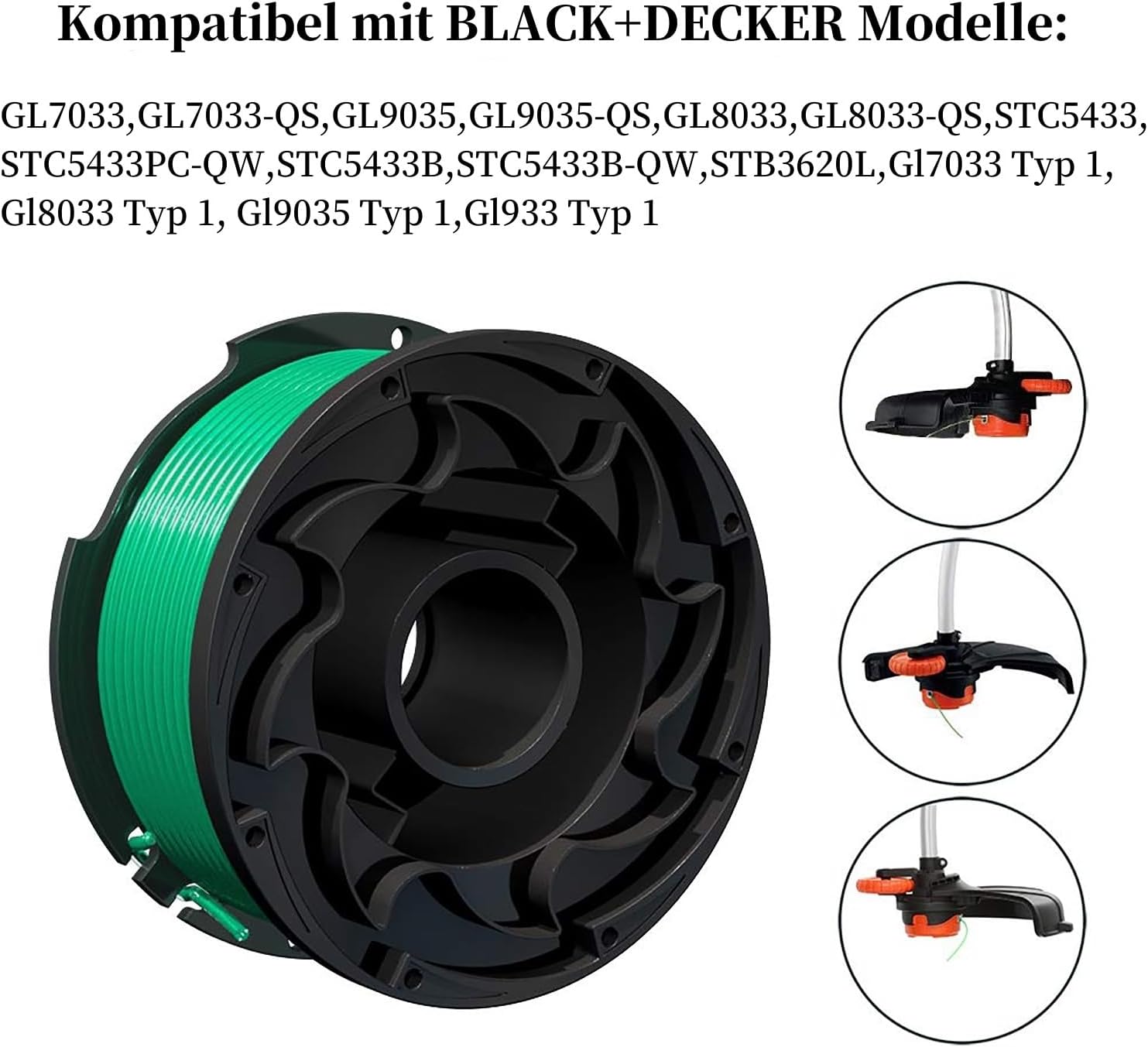 Eyoloty Fadenspule Reflex A6486 A6486-XJ A6482 passend für Black+Decker GL8033,GL9035,STB3620L,STC5433,STC5433B,STB3620L Rasentrimmer，6 M Länge Ø 2 mm mit 90583594 spulendeckel (4 Spulen + 1 Kappe)
